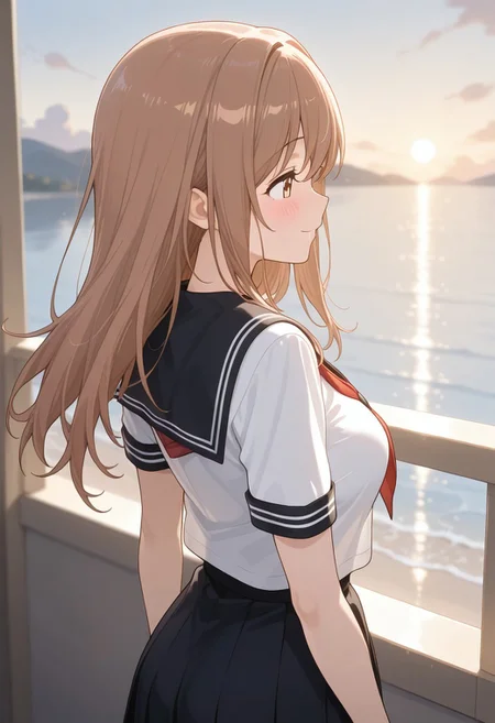 masterpiece, best quality, newest, absurdres, highres, anime,
yui takahashi,
1girl, solo, blush, smile,
white serafuku, red neckerchief, black sailor collar, short sleeves, black skirt,
scenery,
from behind, looking afar,
