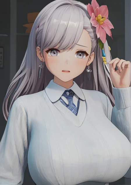 1girl, huge breast, 3d, blush, collared shirt, dated, earrings, flower, grey eyes, grey hair, hair flower, hair ornament, jewelry, leaf, long hair, long sleeves, parted lips, pink flower, shirt, signature, sleeves past wrists, solo, sweater, tears, upper body, white shirt, zPDXL3  <lora:Girls_Frontline_2_Exiliumå°å¥³åçº¿2è¿½æ¾_3d_game_style:1>