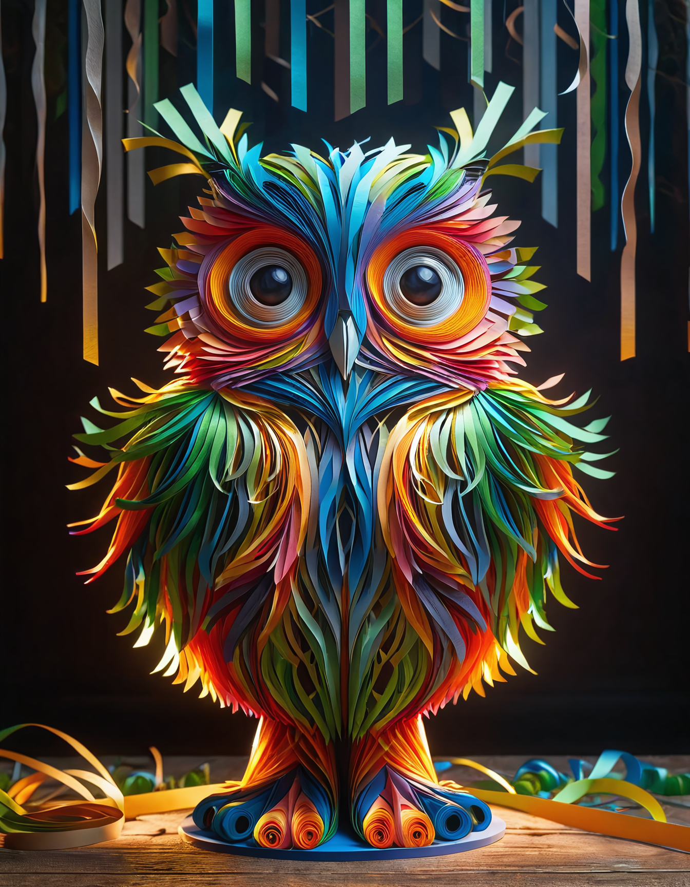 an owl sitting on a tree made of ral-paperstreamer, very detailed, at night, haze lighting, 4k, uhd, masterpiece