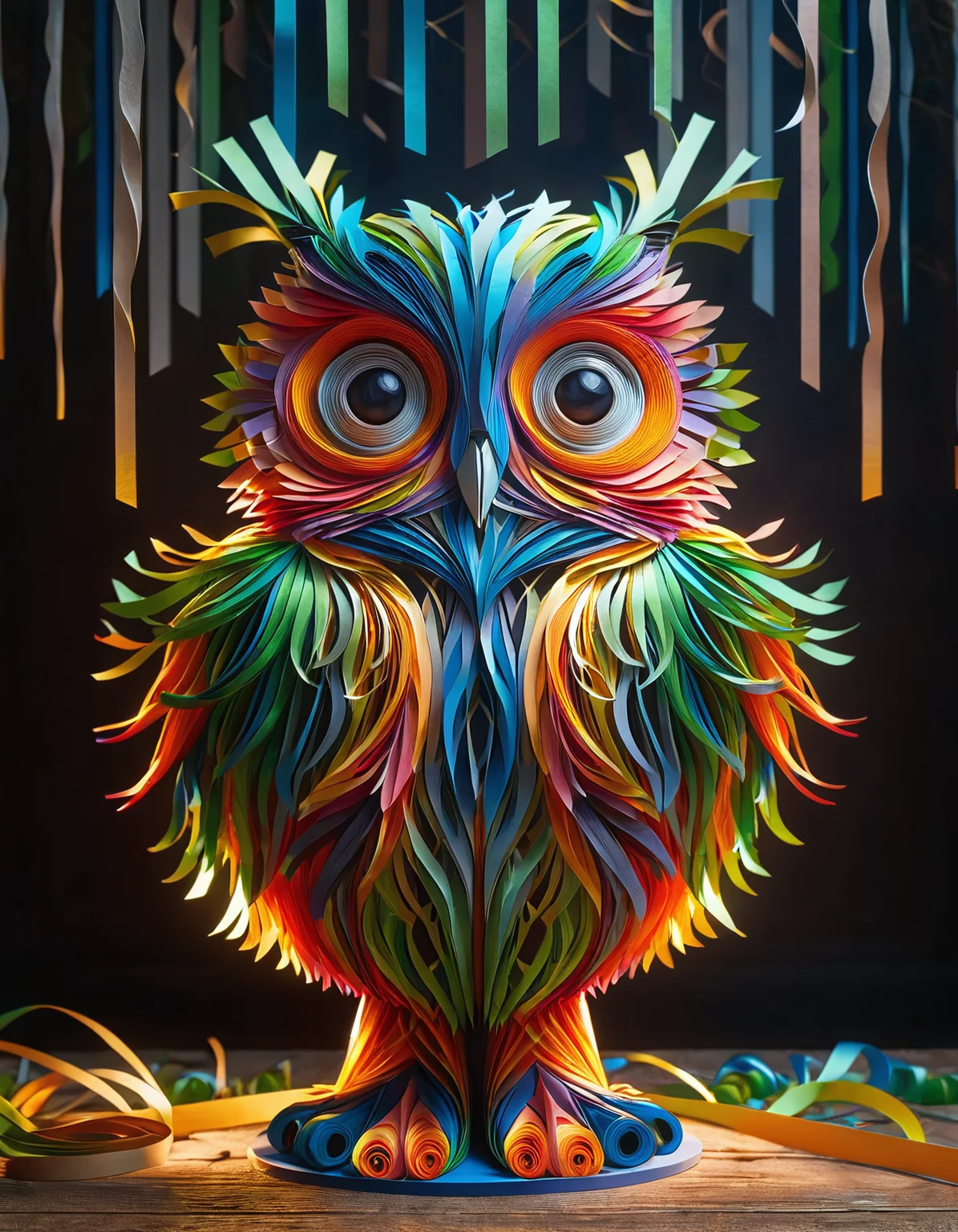 an owl sitting on a tree made of ral-paperstreamer, very detailed, at night, haze lighting, 4k, uhd, masterpiece
