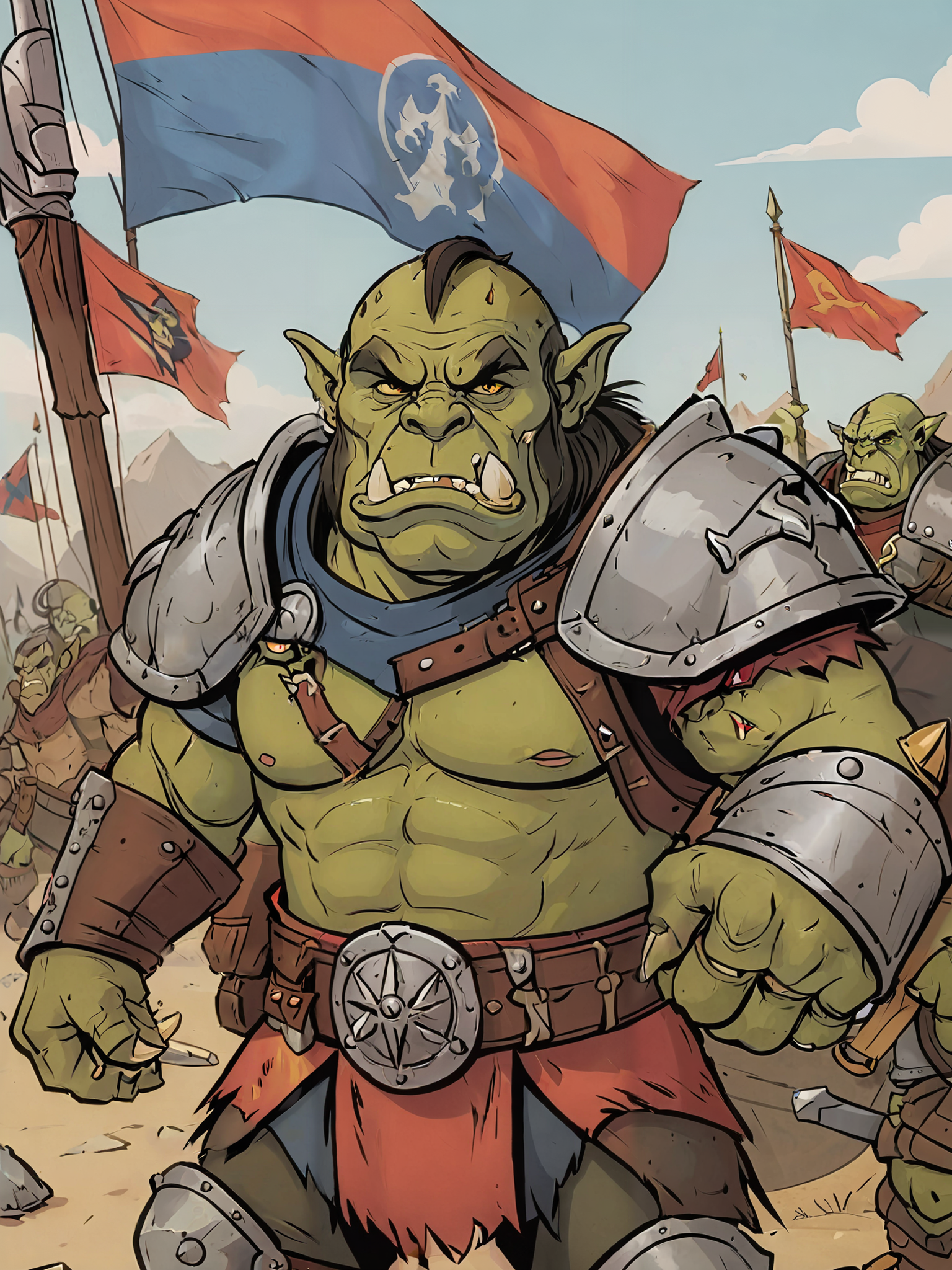 cartoon illustration, dumb looking orcs with tusks  in full armor,  battle flag in background ,   vivid colors, flat colors    <lora:extremely_detailed:-1> <lora:Cartoon_SDXL_V2-fixed:0.8>cartoon <lora:MJ52:0.2>