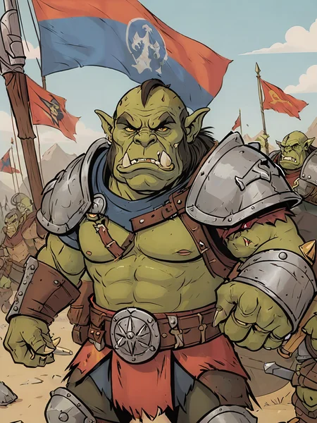 cartoon illustration, dumb looking orcs with tusks in full armor, battle flag in background , vivid colors, flat colors <lora:extremely_detailed:-1> <lora:Cartoon_SDXL_V2-fixed:0.8>cartoon <lora:MJ52:0.2>