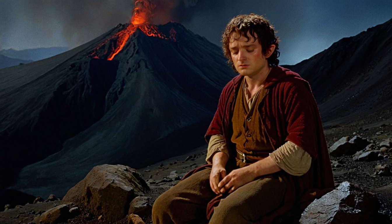 frodo, dirty, dressed in ragged hobbit clothes, eyes closed, resting on the slopes of mount doom, tired, ((head down)),  night, rocks, volcano, smoke, dark, <lora:badquality_v02:1> bad quality
