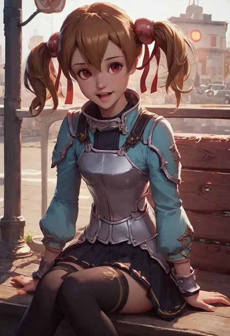 score_9, score_8_up, score_7_up, 1girl, silica, solo, skirt, brown hair, open mouth, red eyes, thighhighs, breastplate, twintails, white background, black skirt, pleated skirt, armor, smile, ribbon, skirt, thighhighs, breastplate, black skirt, pleated skirt, armor,, black thighhighs, rminiskirt, bus stop, public place nighttime vibrant lighting, street lights, high contrast, dramatic shadows, highly detailed, detailed skin, depth of field, tilted angle, moody lighting, exy pose,professional lighting, perfect quality, high quality, photorealistic, sitting, (((supermodel))),((goddess))