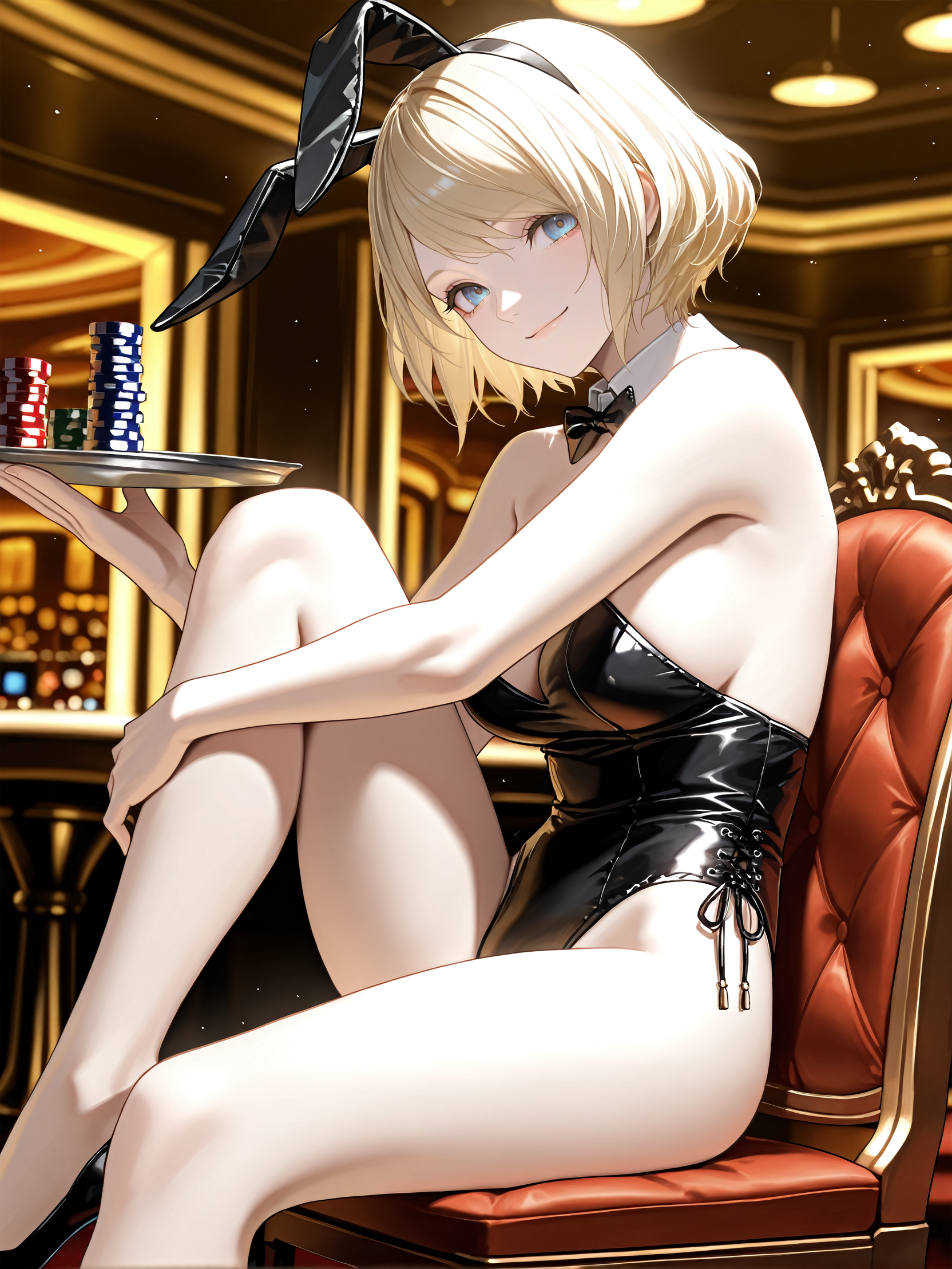 masterpiece, best quality, absurdres,
<lora:RE4Ashley:1.0>
RE4Ashley, 1girl, blonde hair, short hair, blue eyes, looking at viewer, playboy bunny, black leotard, bare arms, bare legs, holding tray, indoors, casino, smile, knee up, sitting, high heels, on chair