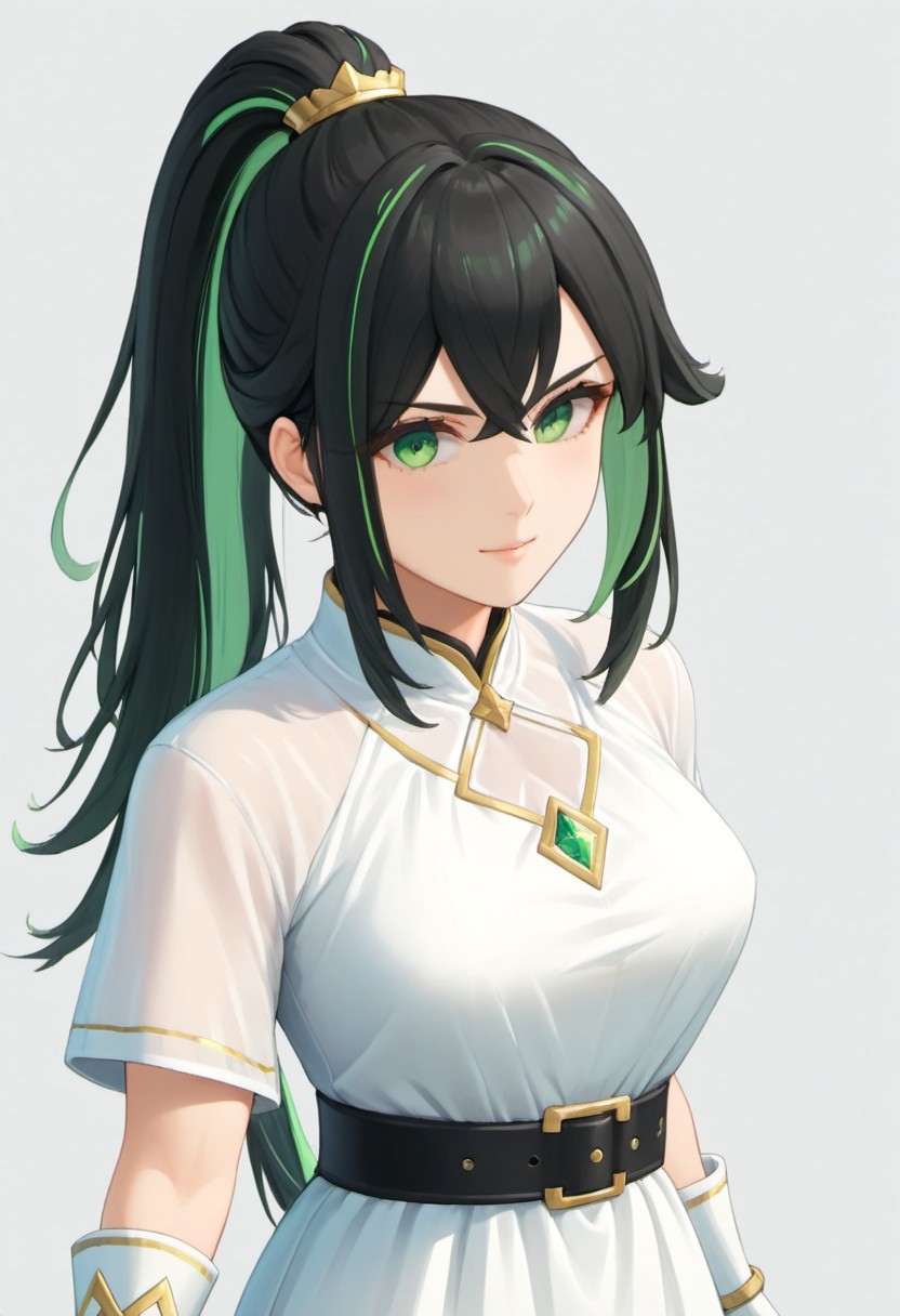 Source_anime, absurdres, 4k quality, 1girl, philia_wf, solo, pwf_light, black hair, green highlights, ponytail, green eyes, white dress, belt, portrait, studio quality, detailed, hair ornament good hands, good eyes, freebos_smoothiestyle