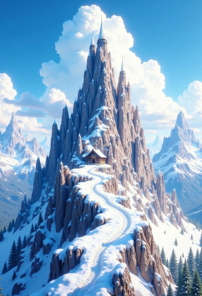 pinketherealmj, a vast tall mountain with numerous sharp peaks and a small cottage located on one of them, a ski line leading all the way up to the top, from below