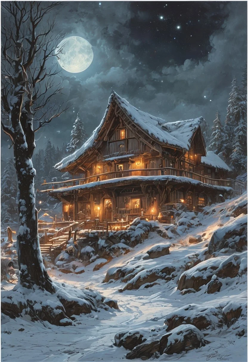 A captivating night scene illustration featuring a grand WOODEN one story viking longhouse with a great thatched roof standing tall on a large snowy hill overlooking a lake. The beautiful viking longhouse adorned with some windows, emits a warm glow, highlighting its incredible craftsmanship. The snowy hill is covered in great pine trees, reflecting on the calm, moonlit snow that mirrors the silvery moonlight. The full moon graces the sky, casting an ethereal glow on the clouds and mountain, while wispy clouds partially obscure its brilliance, adding to the scene's mystique. Twinkling stars dot the sky, creating a celestial tapestry that harmonizes with the moon's radiance. This enchanting artwork captures a serene and peaceful night, where the illuminated WOODEN viking longhouse stands resolute amidst the celestial beauty, creating a cinematic experience., illustration, cinematic
<lora:DonM3t3rn1tyXL-v1.1:0.7>, DonM3t3rn1tyXL,
OverallDetailXL <lora:MJ52:0.3> <lora:SDXLFaeTastic2400:0.4> <lora:EpicF4nta5yXL:0.7>