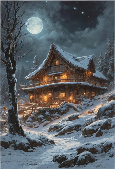 A captivating night scene illustration featuring a grand WOODEN one story viking longhouse with a great thatched roof standing tall on a large snowy hill overlooking a lake. The beautiful viking longhouse adorned with some windows, emits a warm glow, highlighting its incredible craftsmanship. The snowy hill is covered in great pine trees, reflecting on the calm, moonlit snow that mirrors the silvery moonlight. The full moon graces the sky, casting an ethereal glow on the clouds and mountain, while wispy clouds partially obscure its brilliance, adding to the scene's mystique. Twinkling stars dot the sky, creating a celestial tapestry that harmonizes with the moon's radiance. This enchanting artwork captures a serene and peaceful night, where the illuminated WOODEN viking longhouse stands resolute amidst the celestial beauty, creating a cinematic experience., illustration, cinematic
<lora:DonM3t3rn1tyXL-v1.1:0.7>, DonM3t3rn1tyXL,
OverallDetailXL <lora:MJ52:0.3> <lora:SDXLFaeTastic2400:0.4> <lora:EpicF4nta5yXL:0.7>