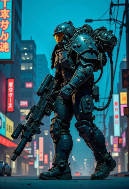 1man, A heavily armored warrior in futuristic black power armor stands confidently, wielding a massive gatling gun with intricate details. The armor is bulky, with reinforced plating, large shoulder pads, and complex mechanical joints. The helmet has a visor and multiple metallic elements, giving the character a rugged, battle-hardened look. The gatling gun features a drum magazine, with visible wiring and mechanical components, emphasizing its powerful nature. The character exudes strength and resilience, with an imposing and intimidating stance, full shot, full body visible, ultra realistic, masterpiece, he walks in a deserted road, distant cyberpunk metropolis, night time, neon light lights the sky.