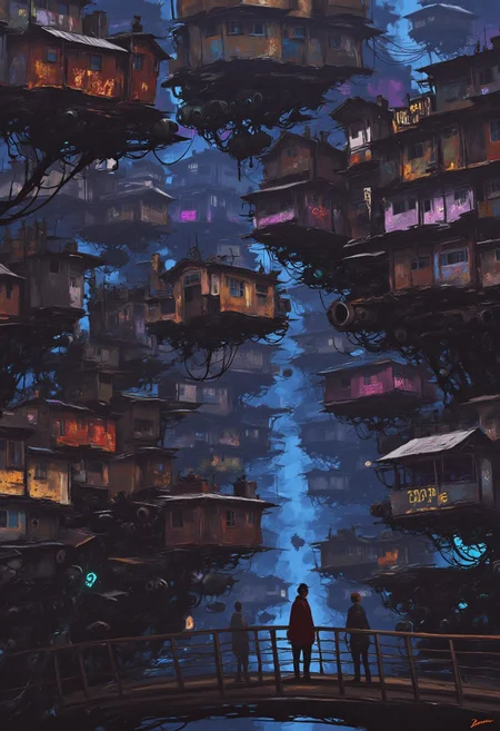 (Art by Alejandro Burdisio, highly detailed) A futuristic urban landscape unfolds with towering, gravity-defying structures and floating architecture. The foreground features a weathered walkway with a dark blue metal railing on the right, leading to a suspended platform where two figures stand—one in a deep red trench coat, hat, and dark pants, the other in a dark gray coat and pants. Below, a maze of old industrial buildings, tangled pipes, and suspended walkways stretches endlessly. Above, the sky is hidden by a chaotic network of inverted skyscrapers, rusted vehicles, and mechanical constructs hanging upside down, their surfaces covered in peeling paint, worn metal, and neon-lit signs in cyan, magenta, and yellow with Japanese characters and English text. Some structures appear to be old buildings retrofitted with futuristic engines, cables, and stabilizers, defying gravity as they loom ominously. In the distance, airships and floating platforms weave through the inverted city, moving between layers of repurposed structures and tangled cables. The lower levels are a cluttered mix of industrial debris, airborne homes, and glowing pathways, forming a dense, multi-tiered metropolis. The color palette blends warm rust tones, deep blues, and purples, accented by neon highlights, capturing the surreal and gritty essence of this impossible world.