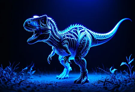tiny t-rex, a beautifully crafted illustration in blue light, featuring intricate details, rich colors, and dynamic lighting that enhances depth and mood