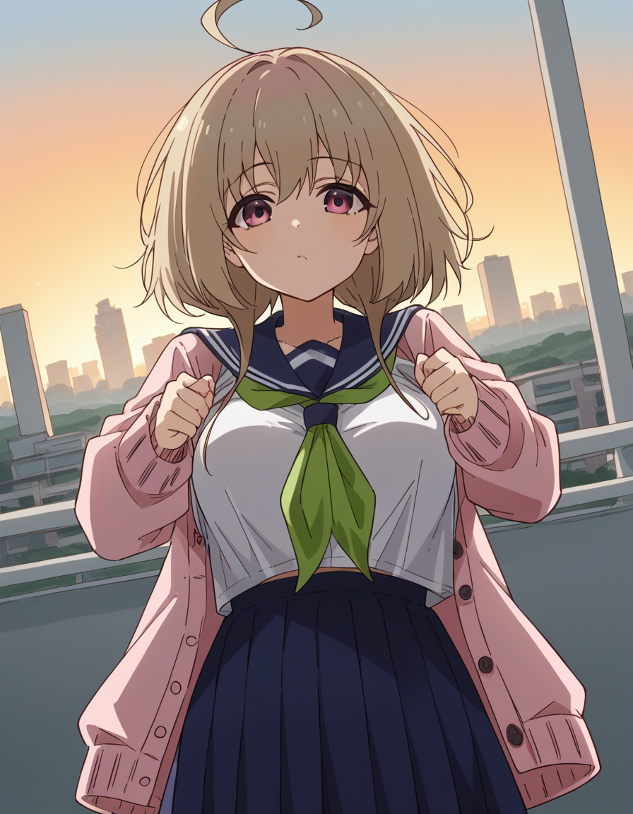 score_9, score_8_up, score_7_up, source_anime, <lora:kinu-tanukikouji-s1-ponyxl-lora-nochekaiser:1>, kinu tanukikouji, bangs, blonde hair, pink eyes, medium hair, sidelocks, ahoge, large breasts,, skirt, shirt, long sleeves, school uniform, white shirt, pleated skirt, open clothes, serafuku, sailor collar, blue skirt, neckerchief, cardigan, blue sailor collar, open cardigan, pink cardigan, green neckerchief,, rooftop, sunset, cityscape, quiet moment, wind blowing, contemplative, , looking at viewer, undefined, solo,, cowboy shot, dutch angle