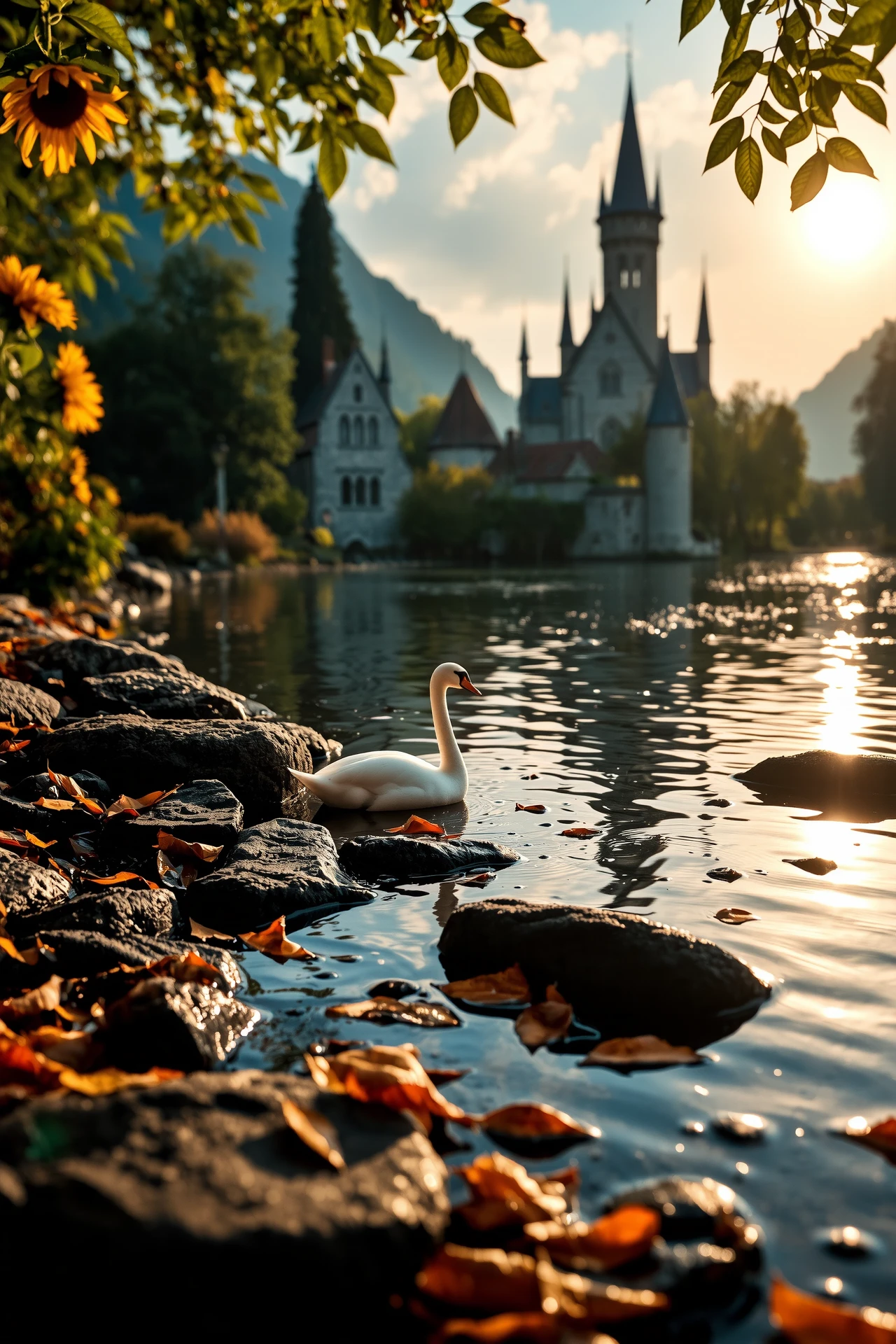 beautiful fantasy landscape photography, photo, Canon 50 mm f/2.8, ((very detailed)), sharp focus, small rocks, sunflower, fallen wet leaves, raindrops, swan, Burnt Orange flowers and leaves, (water ripples) reflections, (castle),  river (pond),medieval forest, ((village)), stunning nature aquatic environment , medieval land, (bright sunny sky), (high contrast), cinematic (lights), backlight, (shadows), lens flare, golden hour, sunset, vibrant colors, colorful, (lovely), (beautiful), <lora:Detail Tweaker LoRA add_detail:1><lora:depth_of_field_slider_v1:5> <lora:no-blur:1