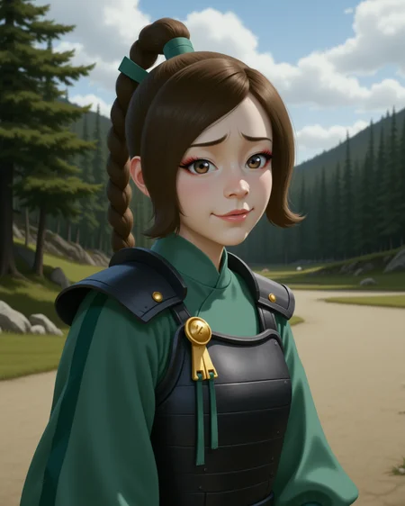 Semi-Realistic digital illustration Style in a wide shot. Looking at viewer, outdoors in daylight, 18 year old woman, Awkward with stiff posture, nervous chuckle, and eyes shifting around uncomfortably.
<lora:AirBender_-_Ty_Lee_v2-000040:1> ab-tylee, brown hair and gray-brown eyes, ponytail
black japanese armor, kyoshi white face makeup, long sleeves, green dress, golden pin through hair
