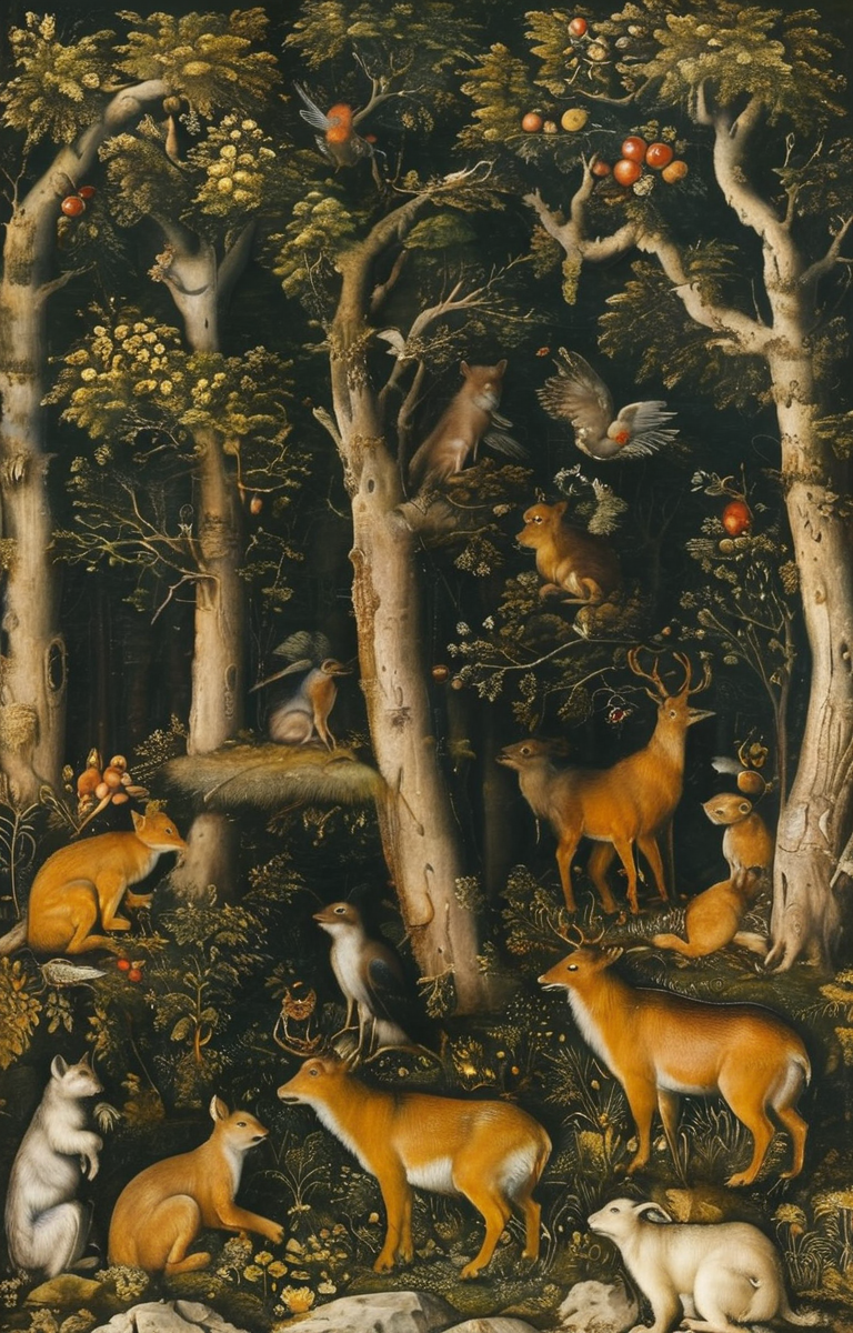 masterpiece,best quality,<lora:tbh282-sdxl:0.9>,illustration,style of Lucas Cranach the Younger animals