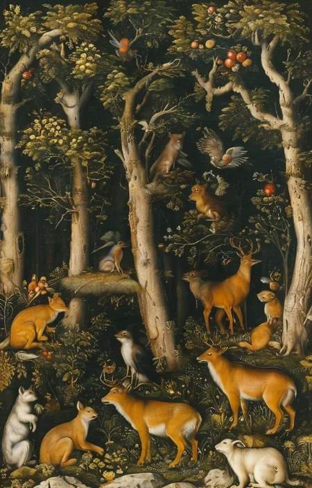 masterpiece,best quality,<lora:tbh282-sdxl:0.9>,illustration,style of Lucas Cranach the Younger animals