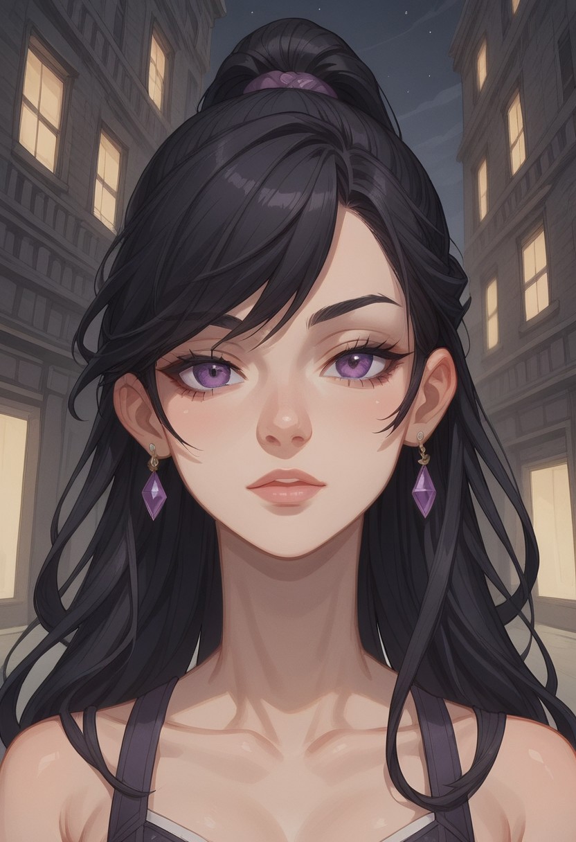 score_9, score_8_up, score_7_up, absurdres, intricate details, masterpiece, best quality, expressiveh, source_anime, screencap, high quality cg, 8k, best quality,
1girl, female focus, solo, face focus, close up,
(Petite, hourglass figure,)
(Jin, black hair, very long hair, ponytail, purple eyes)
Outdoors, (neon city scape, night time), dynamic angle, dim lighting, dynamic pose,