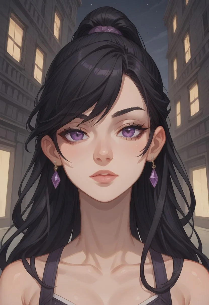 score_9, score_8_up, score_7_up, absurdres, intricate details, masterpiece, best quality, expressiveh, source_anime, screencap, high quality cg, 8k, best quality,
1girl, female focus, solo, face focus, close up,
(Petite, hourglass figure,)
(Jin, black hair, very long hair, ponytail, purple eyes)
Outdoors, (neon city scape, night time), dynamic angle, dim lighting, dynamic pose,