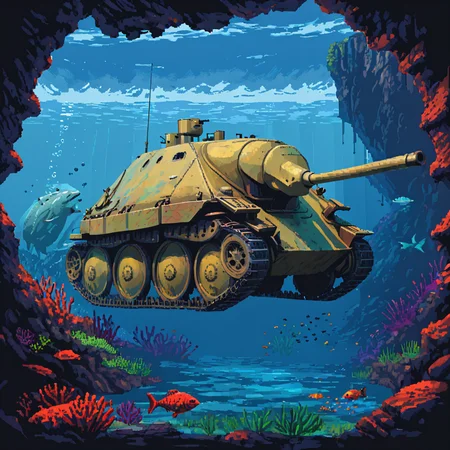 A htztnk tank is navigating the depths of a vibrant coral reef. Its armored shell merges seamlessly with the tanks's natural carapace. Fins replace the tracks, propelling it gently through the water among schools of colorful fish ((pulp_comic, heavy_lines, hand_drawn, hand_inked, hand_colored, perfect_face, apxlz))