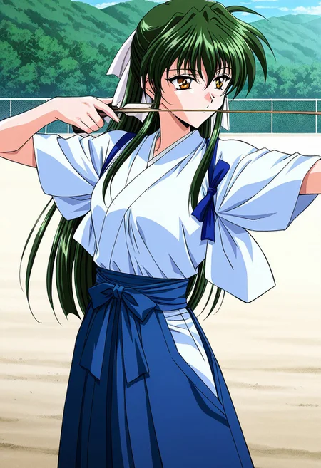 general,highres, ultra-detailed,very aesthetic,best quality ,best hands,masterpiece, best quality, newest, highres, score_9, score_8_up, score_7_up, source_anime, rating_explicit,1girl, yokota mamoru style,motion lines,,Very straight nose,slim,slender face,perfect nose,1990s (style),looking afar
Sendou Hitomi, Green Hair, Sidehair, Waist Length Hair,Amber Eyes,Necktie, Ribbon Hair Tie
anime screencap,Outdoors, shooting range, archery, Hakama, aiming, side view, concentrating on the target