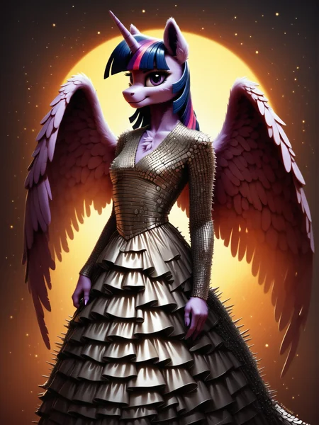 score_9, score_8_up, score_7_up, score_6_up, realistic illustration, 1girl, portrait, Twilight Sparkle \(mlp\), anthro pony, tail, wings, dress, fastenerswm, <lora:FastenersWMv0.4:1.2> <lora:MegaFluffyPony:0.5> MegaFluffyPony, furry, fluffy