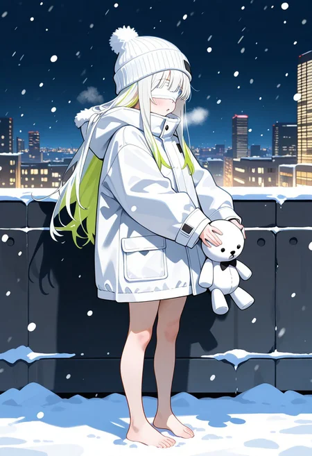 masterpiece, best quality, amazing quality, highres, high resolution, solo, score_9, score_8_up, score_7_up,  1girl, long hair, white hair, light green highlights, white bandages, bandages over eyes, long brilliant white fur jacket, barefoot, white beanie, standing, holding a doll, snowing city, nighttime,