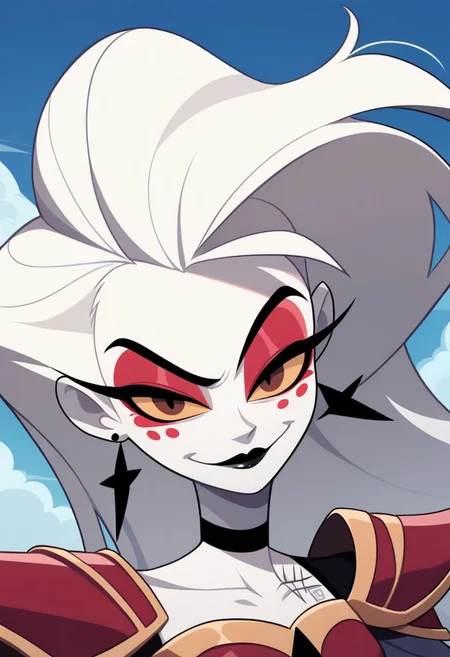 HCSV1,
1girl, solo, portrait, bangs, makeup, lipstick, lips, earrings, collarbone, pauldrons, white hair, long hair, brown eyes, closed mouth, light smile, stud earrings, choker, armor, blue sky, looking at viewer, sky, black choker, shoulder armor, day, eyeshadow, hair behind ear, black lips, cloud, neck tattoo, gold trim, red eyeshadow