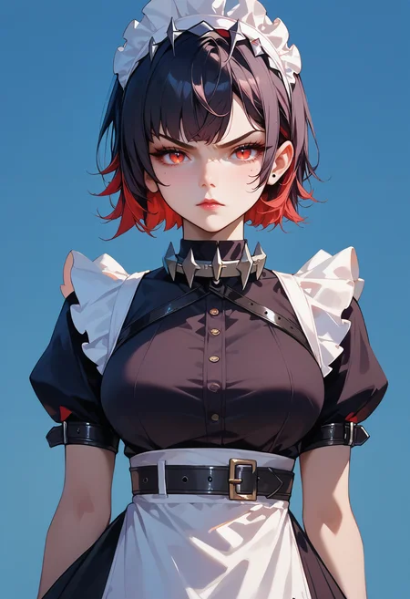 score_9,score_8_up,score_7_up,score_6_up   <lora:ellen_joe_zzz_xl:0.7>ellen-joe-zzz, >:\(, 1girl, belt, black belt, black dress, black hair, breasts, colored inner hair, dress, large breasts, looking at viewer, maid, maid headdress, multicolored hair, red eyes, red hair, short hair, solo, upper body, v-shaped eyebrows