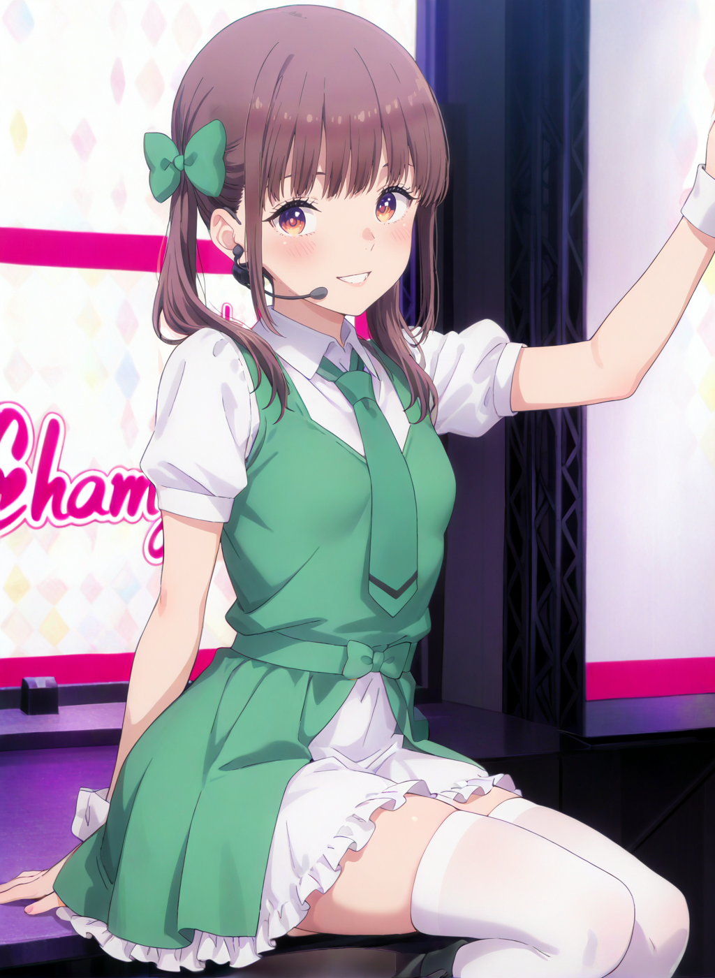High quality,Ultra detailed,best quality,insanely detailed,beautiful,masterpiece,absurdres,very aesthetic,sensitive BREAK
1girl,solo,<lora:yokota_aya_V1_IL:1>,(yokota_aya, brown eyes, brown hair, long hair, twintails, hair bow, bangs, green bow, small breasts),(idol,white shirt, green necktie, puffy short sleeves, collared shirt,green dress,green vest,white thighhighs,black footwear,boots,frilled dress),oshi ga budoukan itte kuretara shinu,looking_at_viewer,posing,smile,indoors,<lora:chamjam_stage_V1_IL:1>,stage,chamjam_stage,headset,