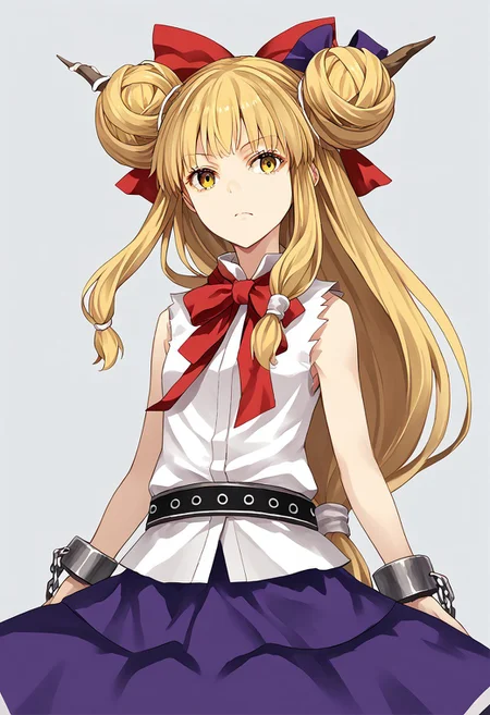 score_9, score_8_up, score_7_up, score_6_up, score_5_up, score_4_up, source_anime, 1girl, solo,
ibuki suika, double bun, blonde hair, low-tied long hair, hair bow, yellow eyes, sleeveless white shirt, belt, purple skirt, shackles,
masterpiece, best quality, very aesthetic, absurdres,