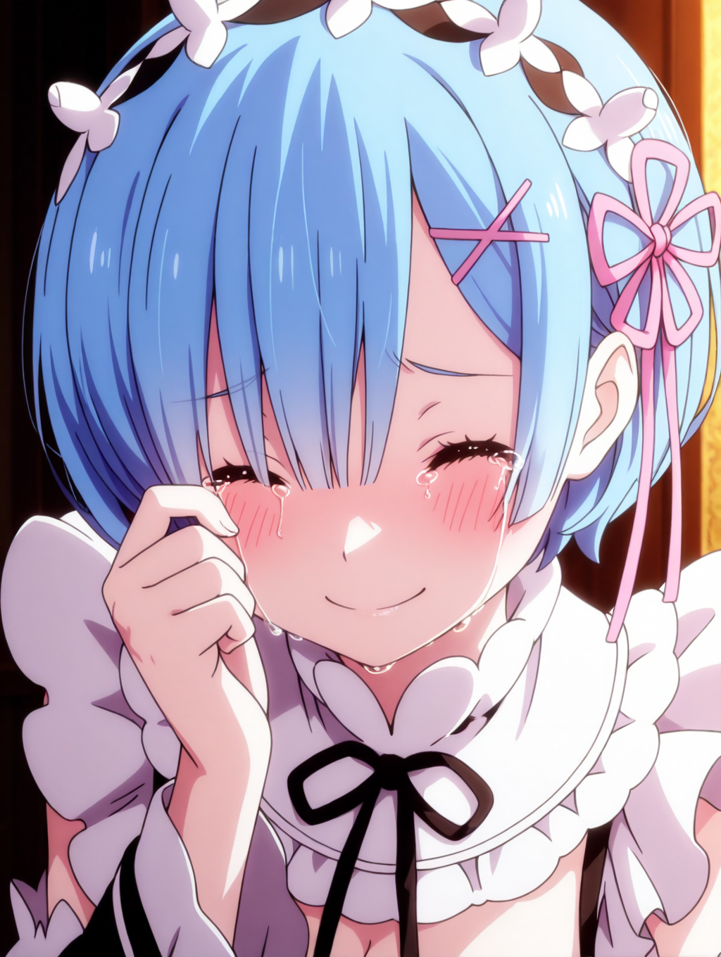<lora:Rem Illu:1>1girl, solo, 
r3m, anime screencap, 1girl, blue hair, short hair, roswaal mansion maid uniform, x hair ornament, closed eyes, smile, happy tears, pink ribbon, crying, hair ribbon, blush, wiping tears
 <lora:cfg_scale_boost:1>, masterpiece, best quality