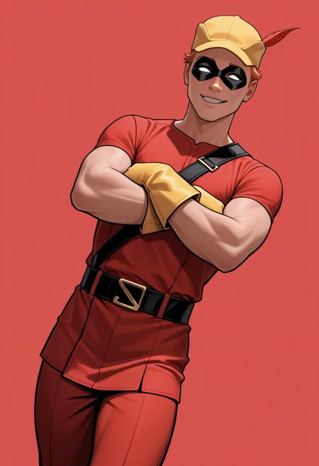 masterpiece, absurdres, high quality, perfect anatomy, 1boy, solo, cute boy, male focus, Speedy, Orange Hair, Domino Mask, White Eyes, Yellow Cap, Red Tunic, Tunic, Red Pants, Yellow Gloves, smug smile, parted lips, arms crossed, cinematic, intricately detailed illustration, depth of field, masterpiece, best quality, amazing quality, very aesthetic, absurdres, newest, very awa, shadow, dynamic angle, casual cosplay, dynamic pose, simple background, red theme
