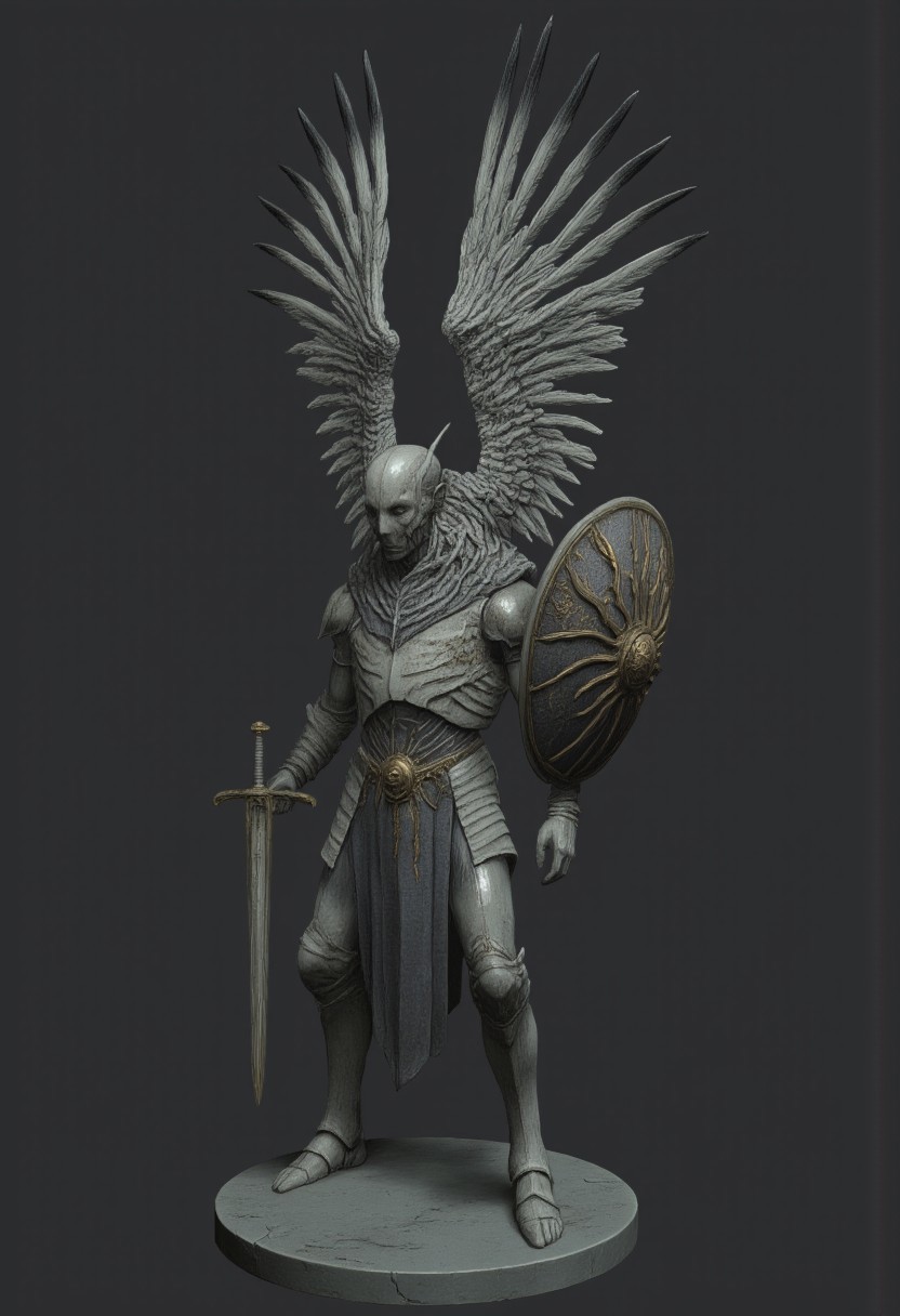 A feathered knight with a cape, holding a templar shield, and a gladiator sword
Set against a solid dark color background to emphasize its unsettling unnatural form that emphasizes its silhouette. The medium is not a traditional painting or illustrative medium like watercolor or ink but rather a digital 3D rendering.
MikeFranchinastyle, d4artstyle, d4concept, , bbstyle,, horror theme,, zbrush, ZBClay model of a gray sculpture, 1990's, 1990's style