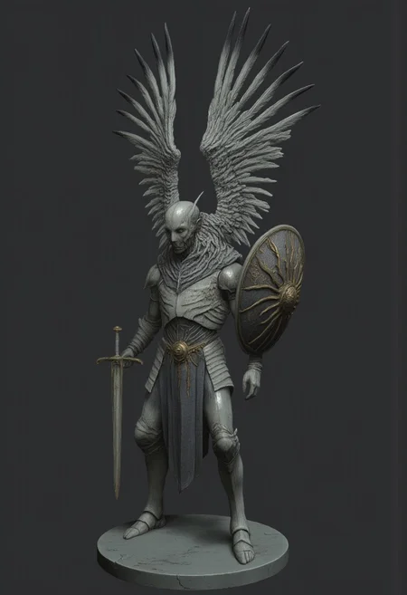 A feathered knight with a cape, holding a templar shield, and a gladiator sword
Set against a solid dark color background to emphasize its unsettling unnatural form that emphasizes its silhouette. The medium is not a traditional painting or illustrative medium like watercolor or ink but rather a digital 3D rendering.
MikeFranchinastyle, d4artstyle, d4concept, , bbstyle,, horror theme,, zbrush, ZBClay model of a gray sculpture, 1990's, 1990's style