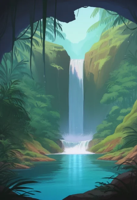 best quality, masterpiece, absurdres, newest, highly detailed, cowboy shot,
<lora:TMNT_1987_-_Cartoon_Screen_Captured_Style:1> 1987tmnt5tyl3,
jungle scenery, waterfall, lake, landscape, portrait, no humans,