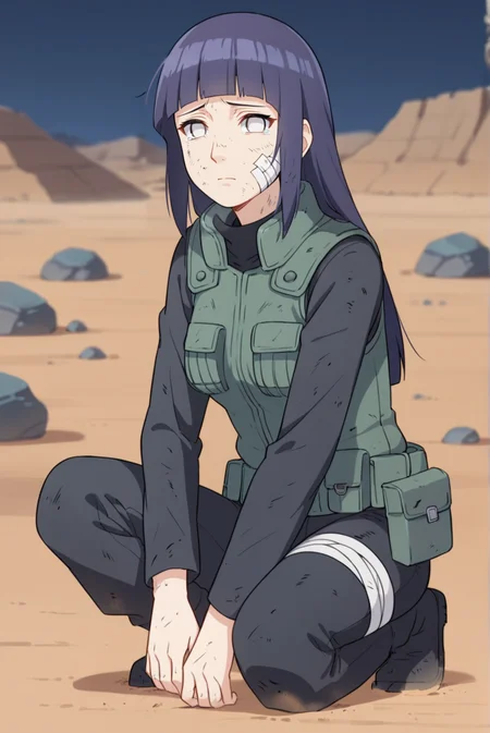 score_9, score_8_up, score_7_up, score_6_up, score_5_up, score_4_up, BREAK source_anime, 1girl, solo,
<lora:HinataShippudenXL-v1-07:0.7>, ChopioHinataBoruto, purple hair, shiny hair, blunt bangs, sidelocks, no pupils, white eyes, looking at viewer,
medium breasts,
long hair, straight hair,
outfit_2, green vest, black shirt, pouch, long sleeves, black pants, bandages, dirty,
outdoors, desert, rocks, on one knee, tearing up, sad, night, dark,