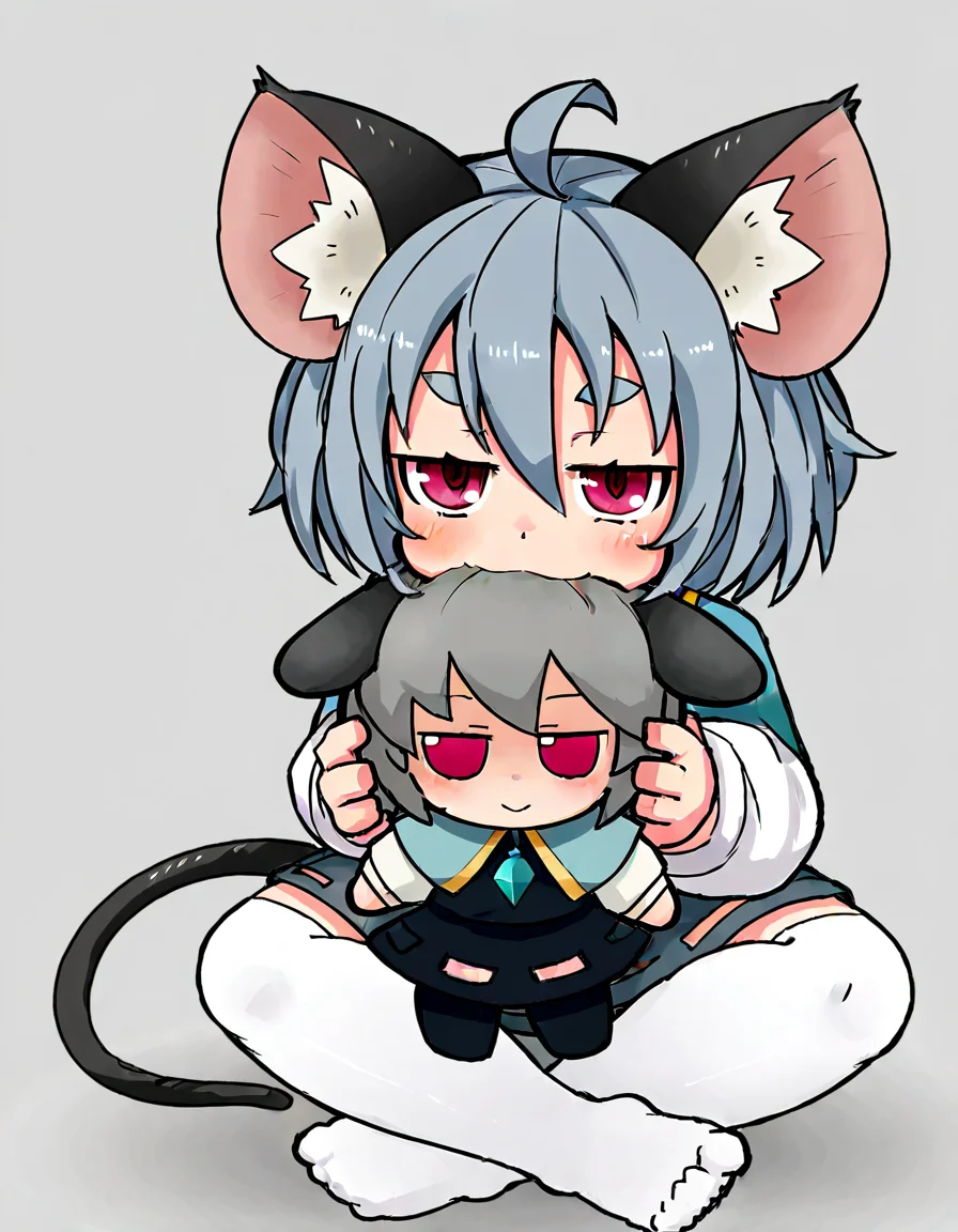 1girl, solo, looking at viewer, blush, short hair, simple background, shirt, skirt, long sleeves, red eyes, dress, thighhighs, holding, animal ears, hair between eyes, jewelry, sitting, tail, white shirt, full body, grey hair, ahoge, grey background, white thighhighs, animal ear fluff, capelet, no shoes, thick eyebrows, skirt set, grey skirt, pendant, jitome, crystal, mouse ears, doll, character doll, grey dress, indian style, mouse tail, biting, mouse girl, grey vest, blue capelet, layered clothes, holding doll, fumo \(doll\), nazrin <lora:yoshiyuki_14330975:0.8>