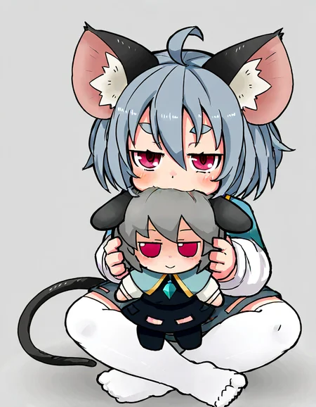 1girl, solo, looking at viewer, blush, short hair, simple background, shirt, skirt, long sleeves, red eyes, dress, thighhighs, holding, animal ears, hair between eyes, jewelry, sitting, tail, white shirt, full body, grey hair, ahoge, grey background, white thighhighs, animal ear fluff, capelet, no shoes, thick eyebrows, skirt set, grey skirt, pendant, jitome, crystal, mouse ears, doll, character doll, grey dress, indian style, mouse tail, biting, mouse girl, grey vest, blue capelet, layered clothes, holding doll, fumo \(doll\), nazrin <lora:yoshiyuki_14330975:0.8>