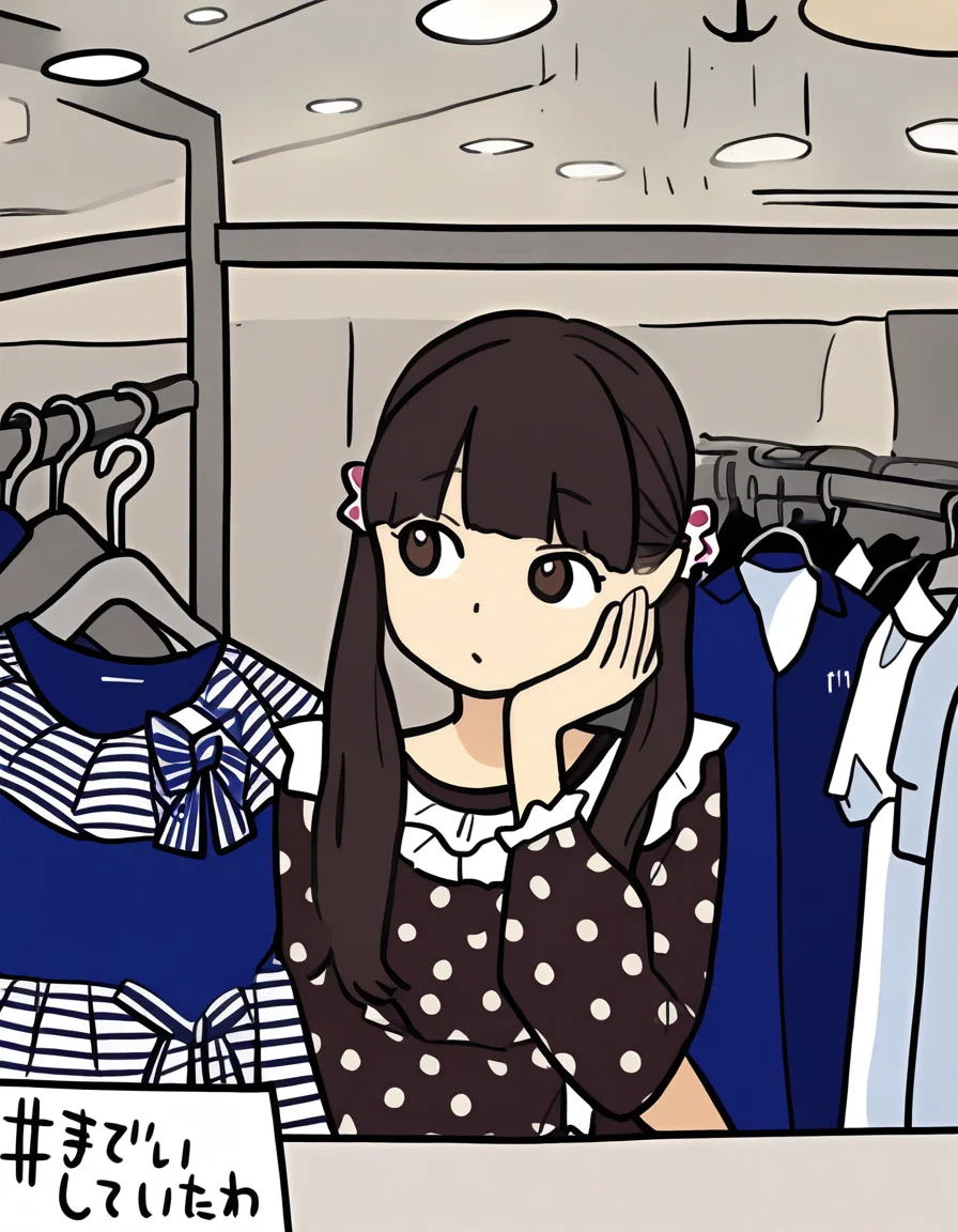 <lora:lijing_noob:1>,skin1,lijing,1girl,solo,clothes hanger,twintails,shopping,polka dot,brown hair,brown eyes,bow,hand on own face,hand on own cheek,
masterpiece,best quality,very aesthetic,absurdres,