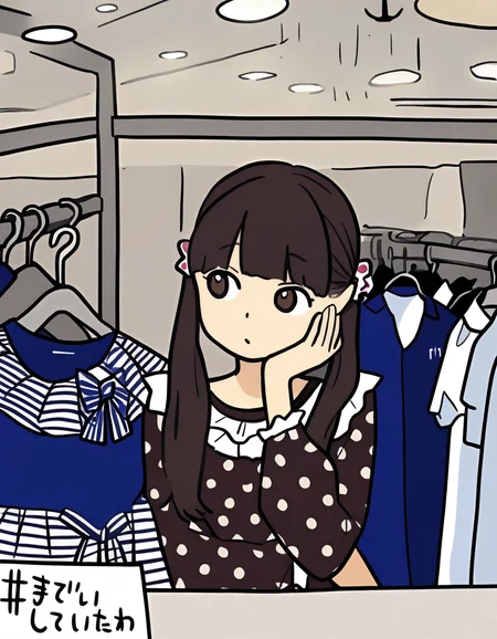 <lora:lijing_noob:1>,skin1,lijing,1girl,solo,clothes hanger,twintails,shopping,polka dot,brown hair,brown eyes,bow,hand on own face,hand on own cheek,
masterpiece,best quality,very aesthetic,absurdres,