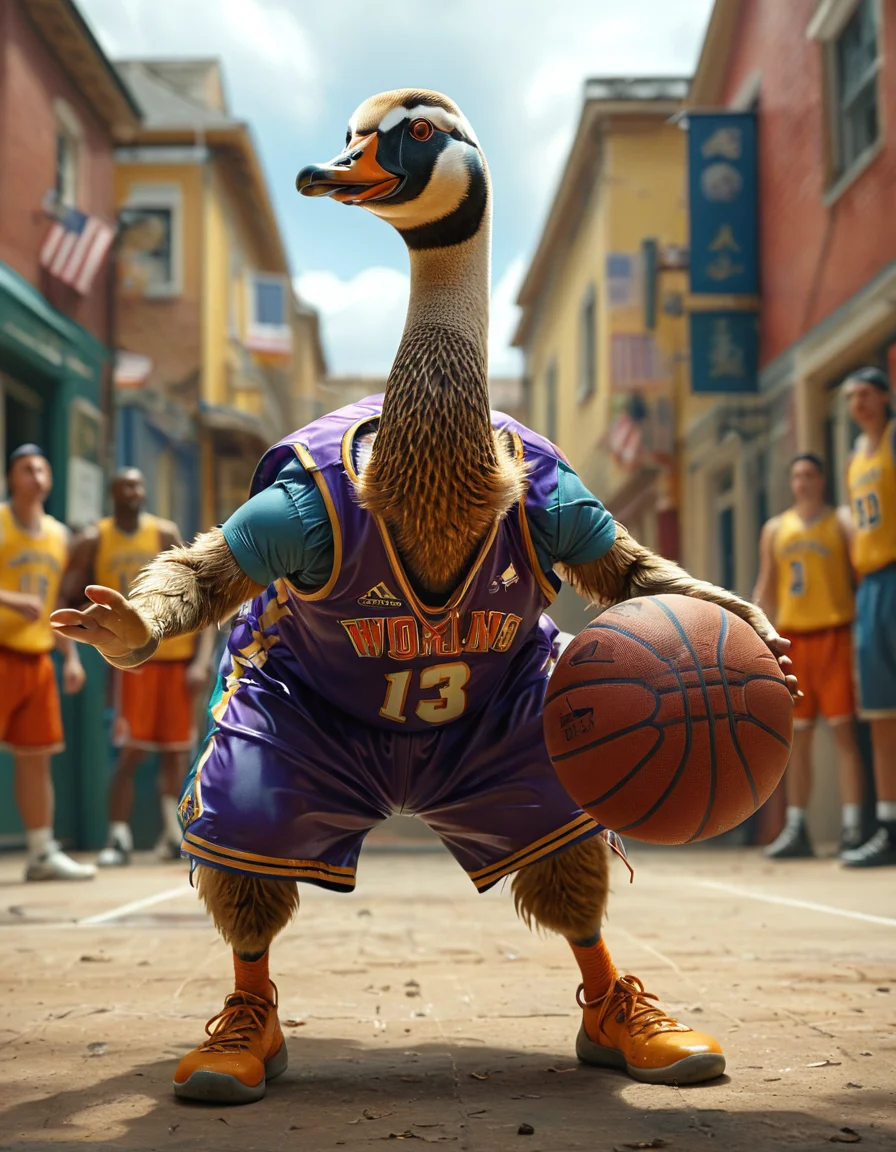 cinematic still goose playing basketball, wearing basketball clothes . emotional, harmonious, vignette, 4k epic detailed, shot on kodak, 35mm photo, sharp focus, high budget, cinemascope, moody, epic, gorgeous, film grain, grainy, goose playing basketball, wearing basketball clothes, very detailed, beautiful, intricate, cinematic, artistic, surreal, highly colorful, sharp focus, fine detail, light shining, atmosphere, iconic, great composition, dynamic, vibrant colors, winning color, open background, professional, terrific unique, best, creative, positive, joyful, pure, cute, attractive, spiritual, pretty