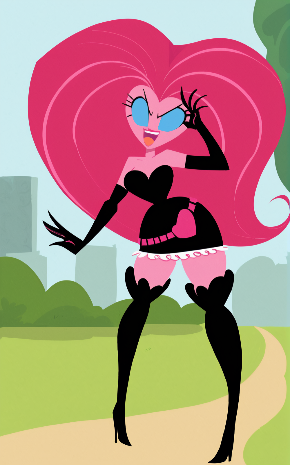score_9, score_8_up, score_7_up,((best quality)), absurdres, ((full body)), <lora:BolivanteStyle:0.8>,  <lora:NMSTPXL:0.8>,NMSTPXL,elbow gloves, gloves, big hair, long hair, dress, black gloves, boots, black dress, high heels, black footwear, thigh boots, high heel boots, thighhighs, blue eyes, pink skin, short dress, pink hair, bare shoulders,heart, belt, action pose, park