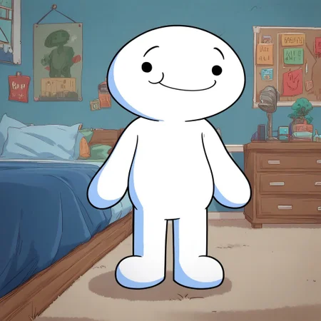 <lora:JamesOddballsv1.0:0.8> (zPDXL2), score_9, score_8_up, score_7_up, source_cartoon, james_oddballs, 1boy, solo, short, white skin BREAK full body, from front position, raised eyebrows, dot eyes, smile, standing, arms at sides BREAK cel shading, james bedroom, indoors, day