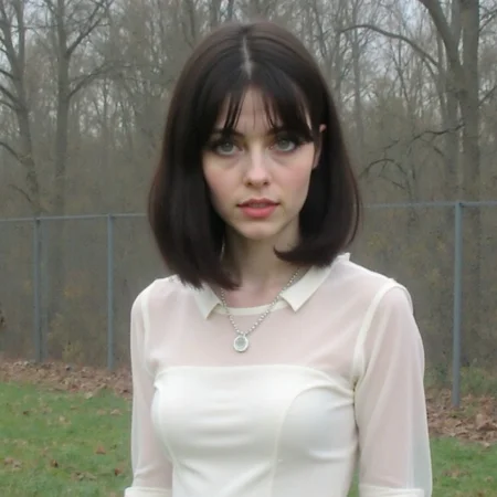 1woman,medium hair,bob cut,black hair,green eyes,white dress,necklace,Subtle vignetting,Muted tones,Overcast lighting,Light bleed,Faded edges
