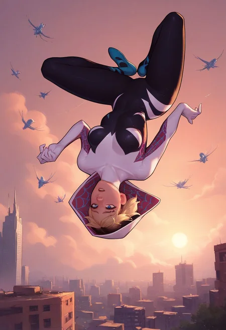 score_9, score_8_up, score_7_up, score_6_up, score_5_up, score_4_up, spider Gwen, falling through Manhattan skyline, medium breasts, view from above looking down, midnight