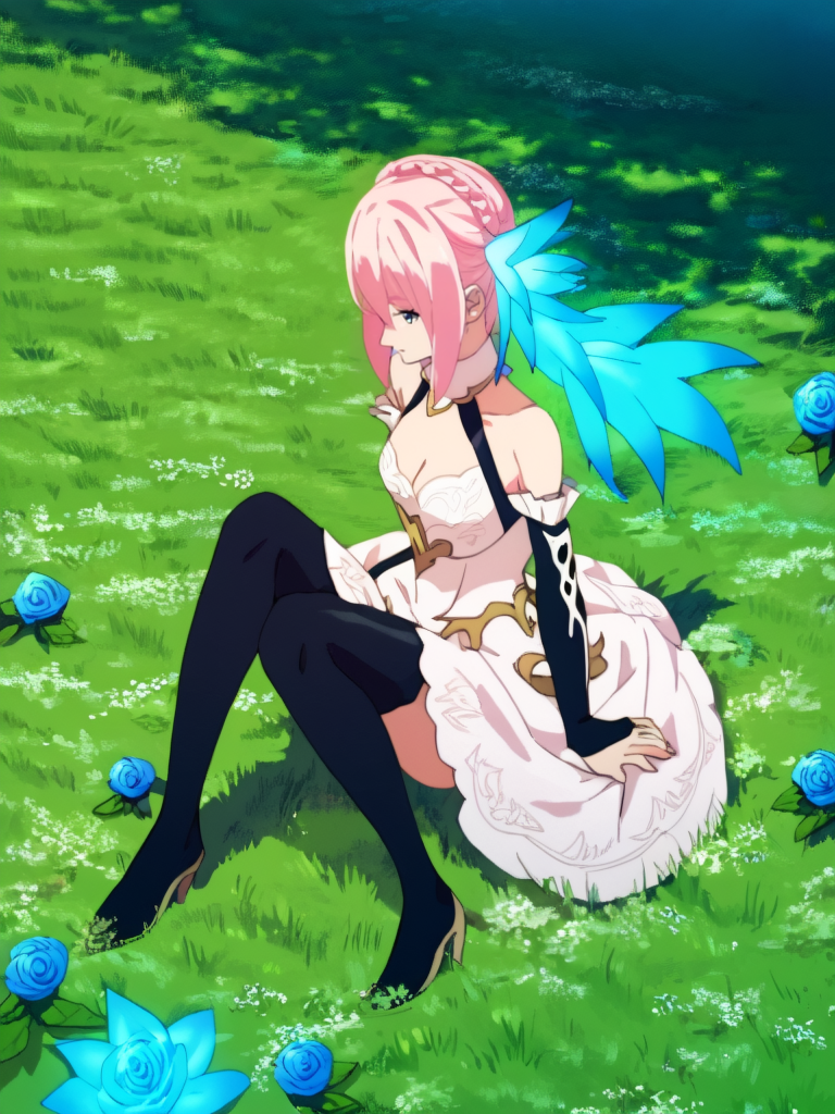 score_9, Score_8_up, Score_7_up, Score_6_up, masterpiece,  best quality, very aesthetic,  <lora:ShionneV2-08:1> 15 shionne 01b weddingdress, shionne 01b, pale skin, long hair, (blue eyes), wedding dress 1girl, solo, breasts, 1Girl, hair ornament, thighhighs, dress, bare shoulders, full body, pink hair, braid, detached sleeves, black thighhighss   <lora:detailed_backgrounds_v2:1> (scenery:1.3),  backgrounds scenery, complex background, grass, cloud, flowers,