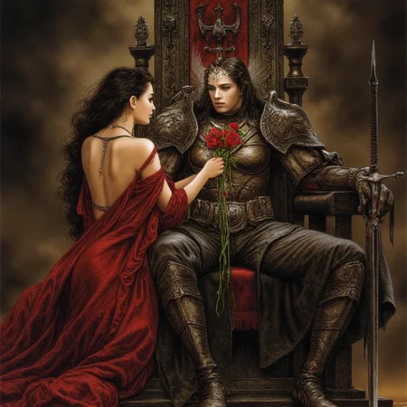 dark fantasy art of a woman giving roses to a princess warrior sitting her throne, art by Luis Royo