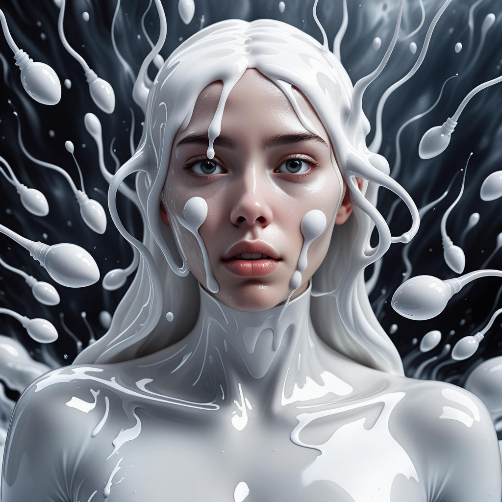 girl immersed in white liquid in a surreal world surrounded by sperm spermazoid  <lora:gametes :1>