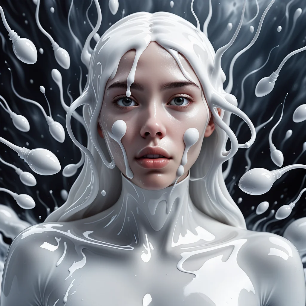 girl immersed in white liquid in a surreal world surrounded by sperm spermazoid  <lora:gametes :1>